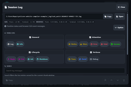 Synticore Website Compiler runtime log viewer